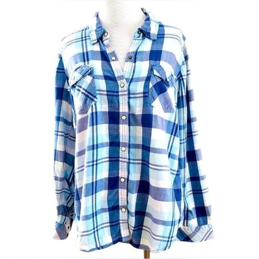 SONOMA PLAID COTTON LARGE SHIRT BLUE WHITE BUTTON DOWN WESTERN